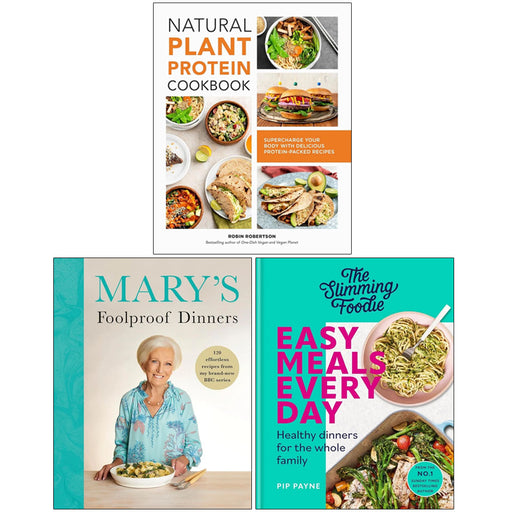 Set of three hardcover books by Mary Berry, Robin Robertson, and Pip Payne on healthy eating, plant protein, and foolproof dinner recipes.