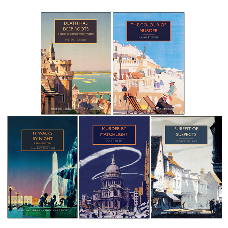 Set of five British Library Crime Classics paperbacks featuring works by Michael Gilbert, John Dickson Carr, and George Bellairs.