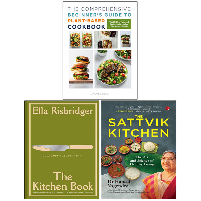 Set of three plant-based cookbooks by Ella Risbridger, Dr. Hansaji Yogendra, and Jackie Sobon featuring healthy Sattvik recipes.