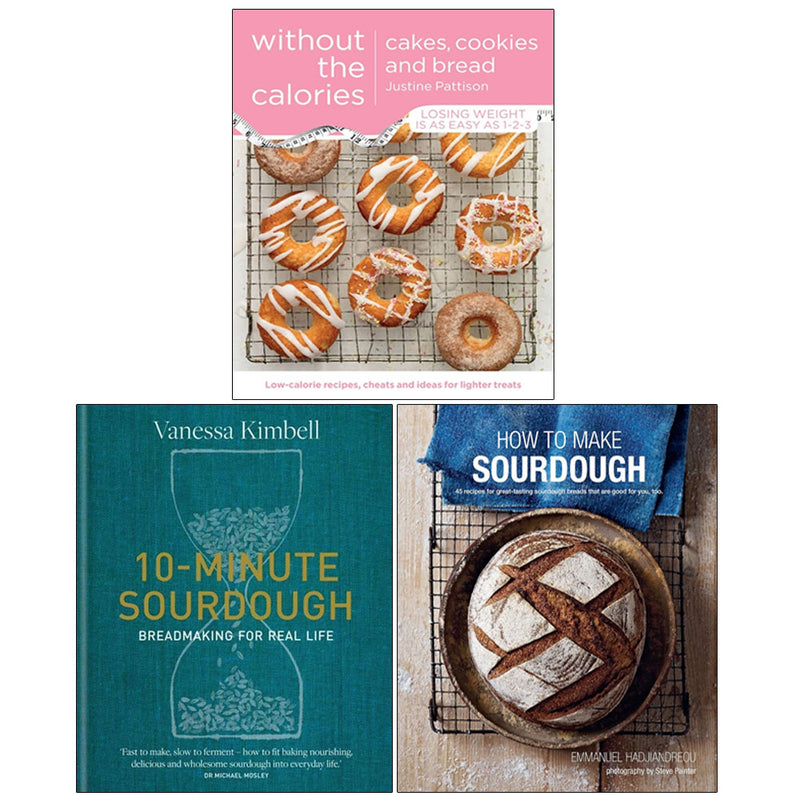 Set of three baking books by Emmanuel Hadjiandreou, Justine Pattison, and Vanessa Kimbell on sourdough, cakes, cookies, and bread.