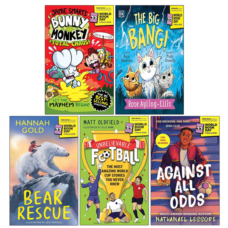 World Book Day 2026 collection of 5 children's books including Bunny vs Monkey, Unbelievable Football, and Bear Rescue by various authors.