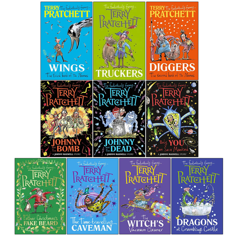 Set of ten Terry Pratchett fantasy paperback books, including Dragons at Crumbling Castle and The Witch's Vacuum Cleaner, published by Corgi Ltd.