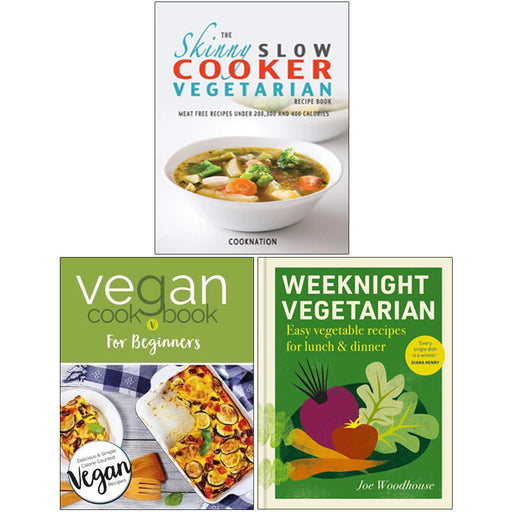 Set of three vegetarian and vegan cookbooks by Joe Woodhouse, CookNation, and Iota, featuring beginner-friendly recipes and colorful covers.