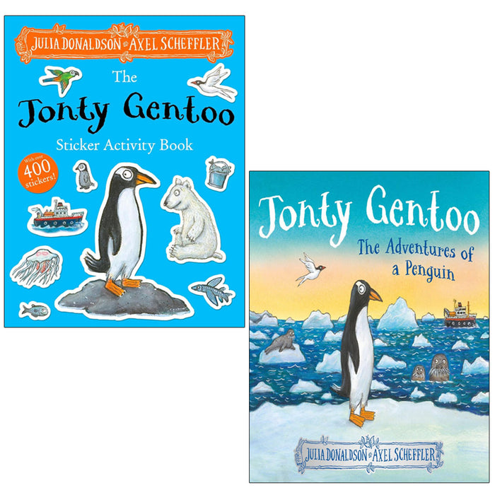 Jonty Gentoo sticker activity book and "The Adventures of a Penguin" storybook by Julia Donaldson, image showing colorful covers.