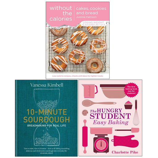 Set of three baking books on sourdough and related recipes by Vanessa Kimbell and Justine Pattison, featuring covers and baking illustrations.