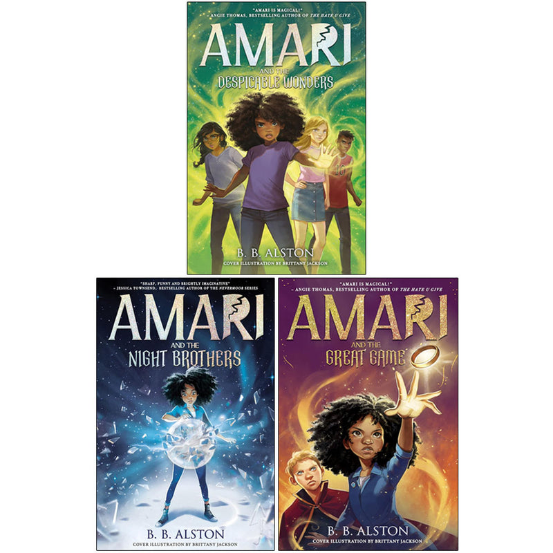 Set of three paperback fantasy books from BB Alston's Amari and the Night Brothers series, featuring colorful cover art for ages 9–12.
