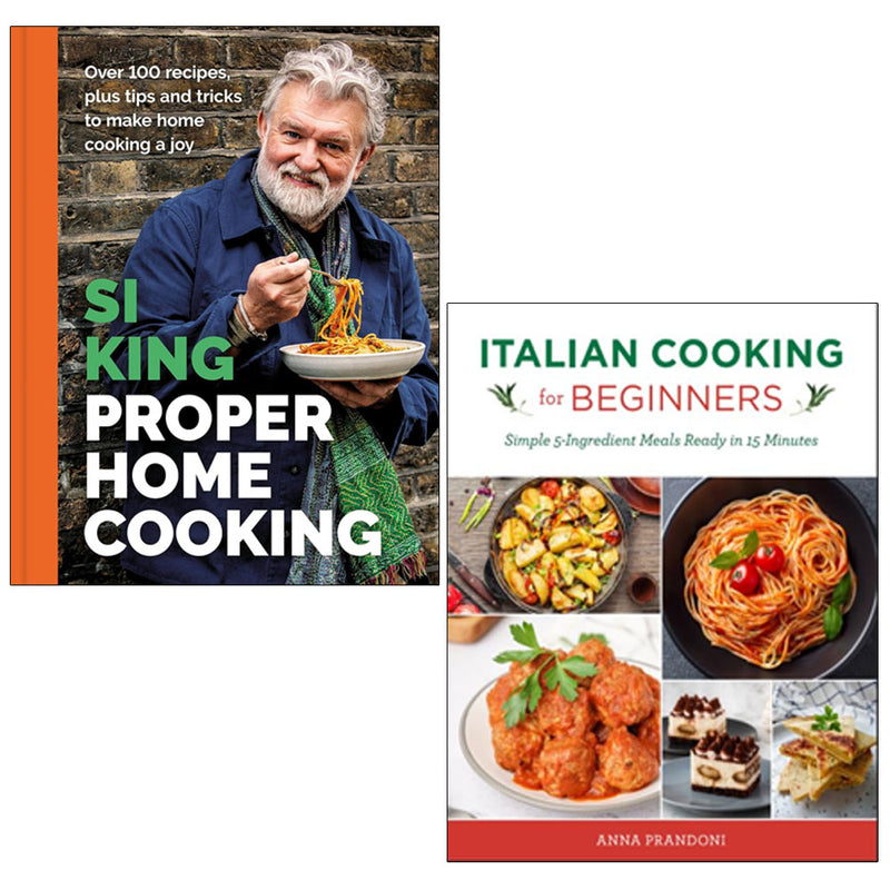 Collection of two cookbooks by Si King and Anna Prandoni on home cooking and Italian cuisine, featuring colorful book covers.