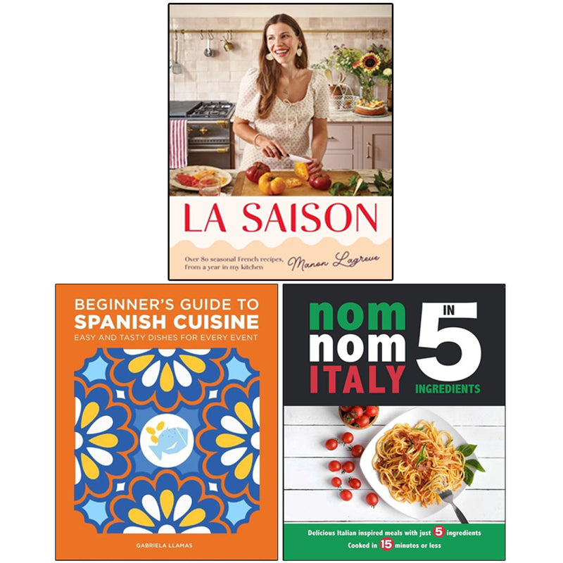 Set of three non-fiction cookbooks on Spanish cuisine by Manon Lagrève, Iota, and Gabriela Llamas, featuring beginner recipes and cooking tips.