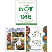 Set of three paperback books on healthy aging and longevity by Michael Greger, Gene Stone, and Chartwell Books, with colorful covers.