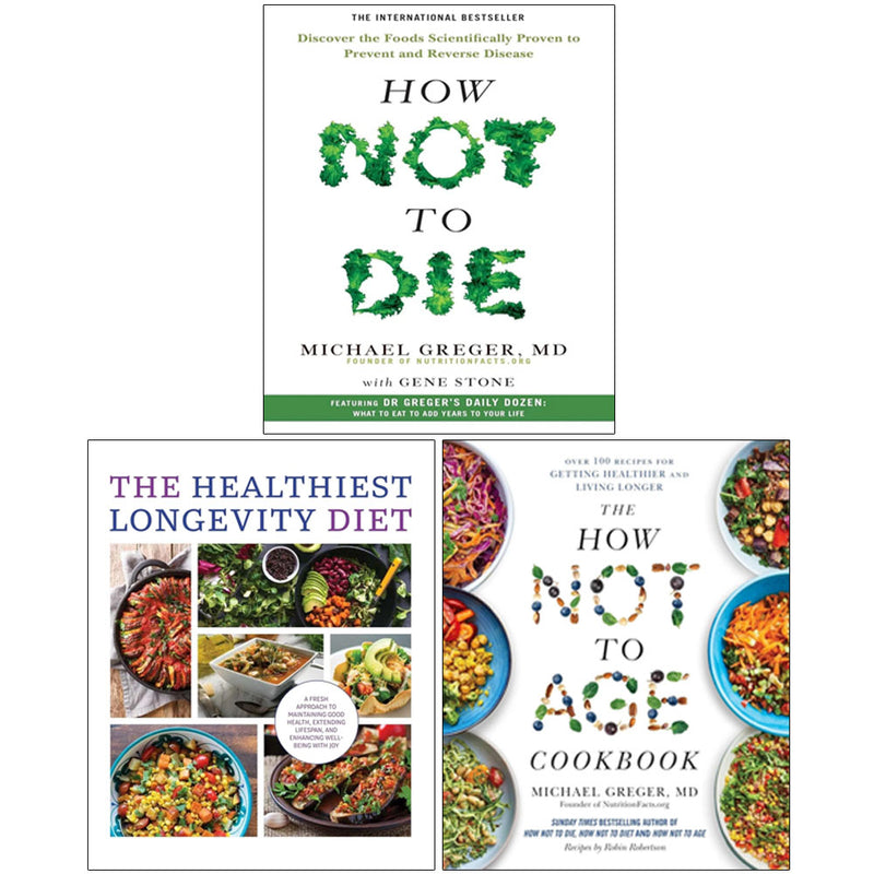 Set of three paperback books on healthy aging and longevity by Michael Greger, Gene Stone, and Chartwell Books, with colorful covers.