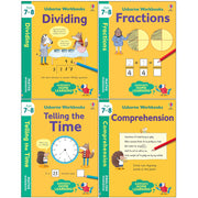 Set of four Usborne workbooks by Holly Bathie and Caroline Young for ages 7-8, focusing on non-fiction topics.