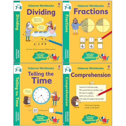 Set of four Usborne workbooks by Holly Bathie and Caroline Young for ages 7-8, focusing on non-fiction topics.