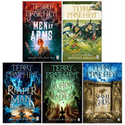 Corgi Discworld 5 books collection set by Terry Pratchett, featuring paperback editions with colorful cover art.