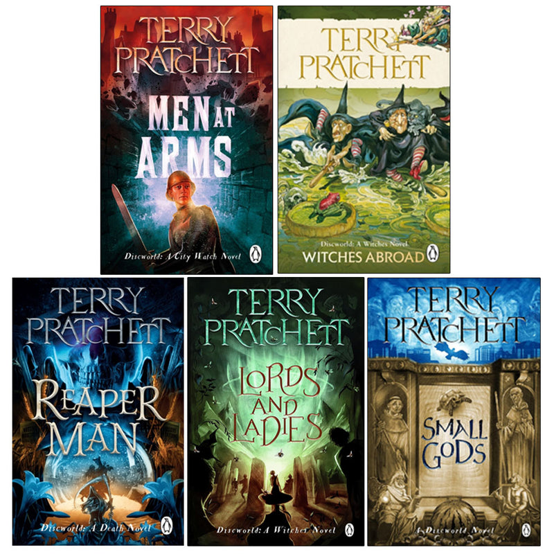 Corgi Discworld 5 books collection set by Terry Pratchett, featuring paperback editions with colorful cover art.