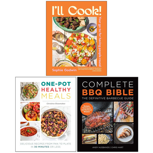 Collection of three non-fiction cookbooks including BBQ, healthy meals, and one-pot recipes by Sophie Godwin, Andy Husbands, and others.