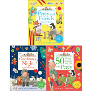Three children's activity books from Nick Butterworth's Percy and Friends series, featuring snowy scenes on the covers.