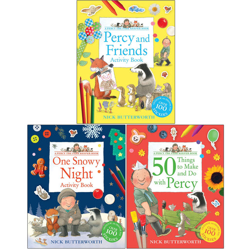 Three children's activity books from Nick Butterworth's Percy and Friends series, featuring snowy scenes on the covers.