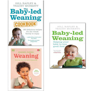 Three-book set of Weaning: What to Feed, When to Feed, Baby-Led Weaning Cookbook by Yellow Kite, featuring colorful illustrations and text.