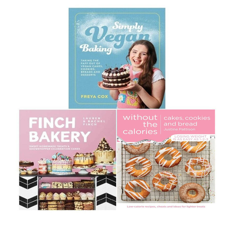 Set of three Simply Vegan Baking books by Freya Cox, featuring recipes for cakes, cookies, and bread from Finch Bakery.