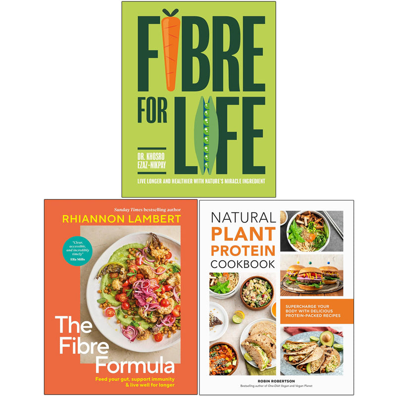 Three cookbook collection set featuring plant-based fiber and protein recipes by Rhiannon Lambert, Dr. Khosro Ezaz-Nikpay, and Robin Robertson.