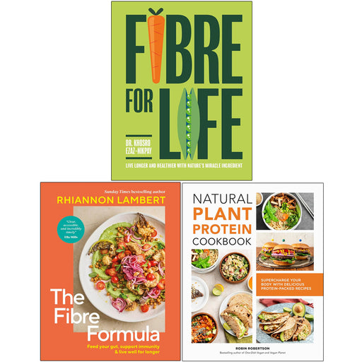 Three cookbook collection set featuring plant-based fiber and protein recipes by Rhiannon Lambert, Dr. Khosro Ezaz-Nikpay, and Robin Robertson.