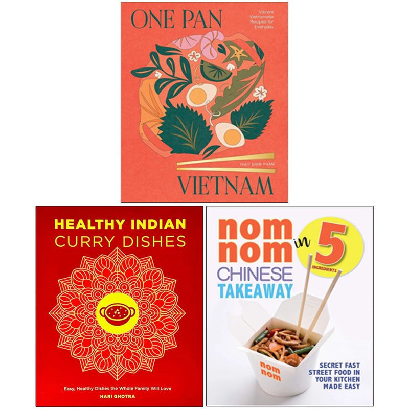 Three cookbook collection set featuring Vietnamese, Chinese, Indian curry dishes by Thuy Diem Pham, Hari Ghotra, and Iota Publishing.