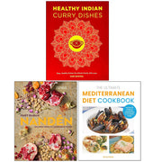 Collection of three healthy Indian curry dishes from the Mediterranean diet cookbook by Hari Ghotra, Amy Riolo, and Pary Baban.