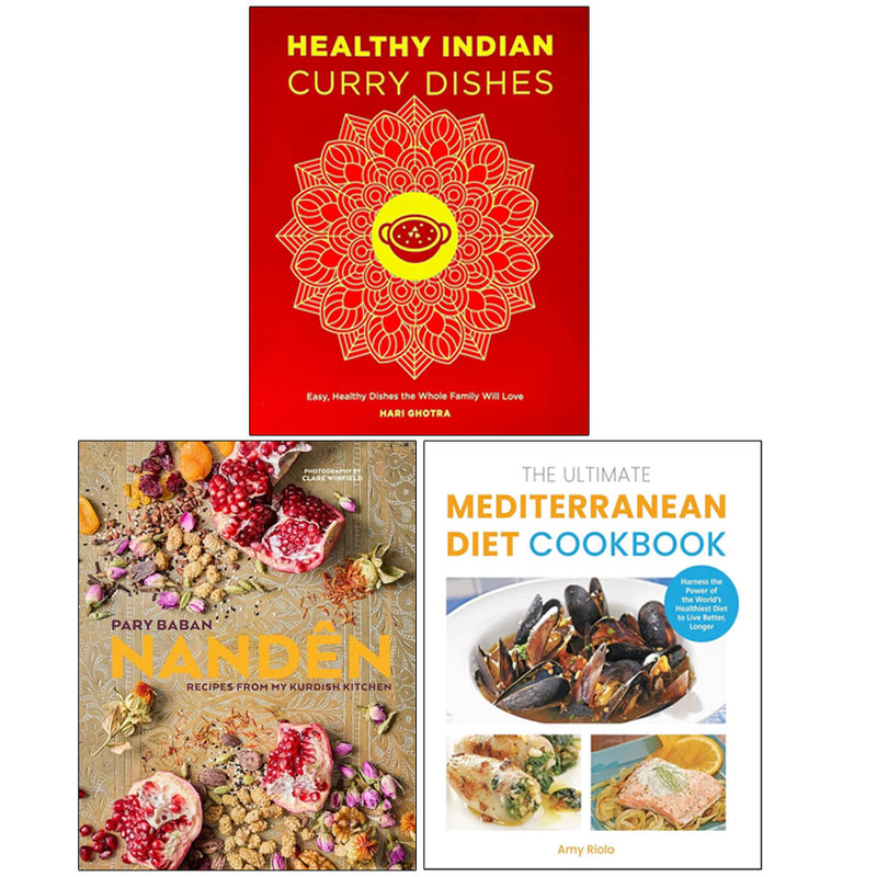 Collection of three healthy Indian curry dishes from the Mediterranean diet cookbook by Hari Ghotra, Amy Riolo, and Pary Baban.