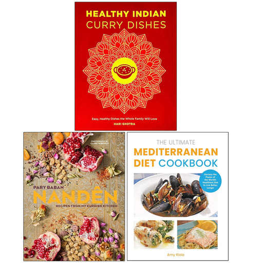 Collection of three healthy Indian curry dishes from the Mediterranean diet cookbook by Hari Ghotra, Amy Riolo, and Pary Baban.