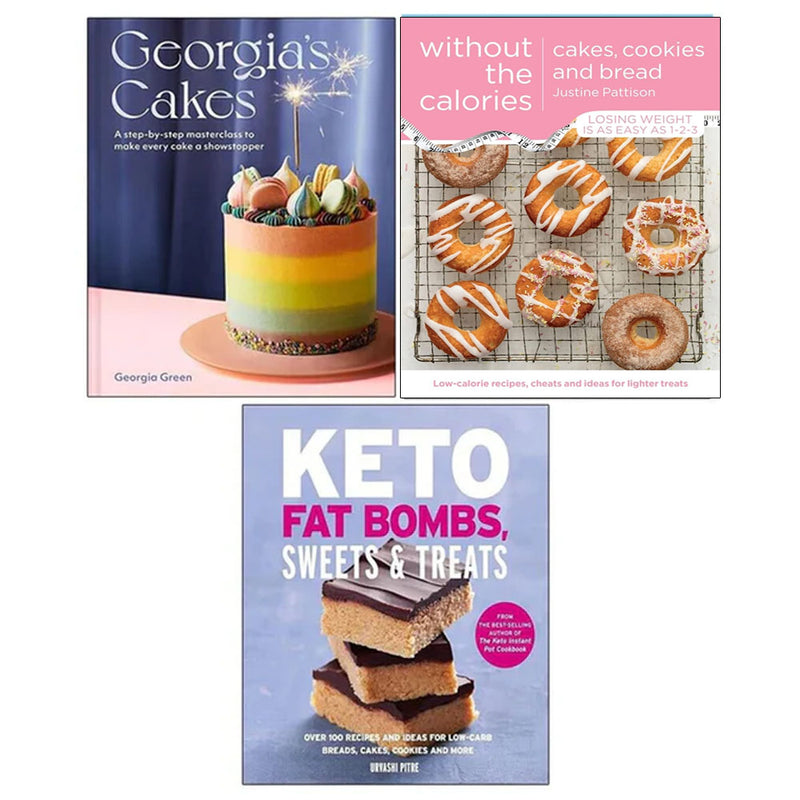 Set of three Georgia Green, Urvashi Pitre, and Justine Pattison keto fat bombs and sweets books with colorful cover images.