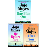 Set of three paperback fiction books by Jojo Moyes, including Me Before You, After You, and The One Plus One, published by Penguin Books.