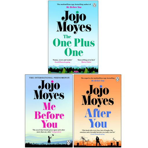 Set of three paperback fiction books by Jojo Moyes, including Me Before You, After You, and The One Plus One, published by Penguin Books.