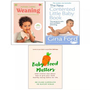 Collection of three non-fiction baby feeding books by Gina Ford, Dr Clare Llewellyn, Dr Hayley Syrad, and Marie Mongan, with yellow cover designs.