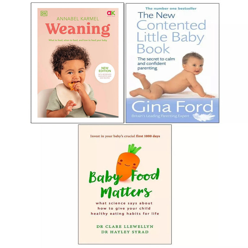 Collection of three non-fiction baby feeding books by Gina Ford, Dr Clare Llewellyn, Dr Hayley Syrad, and Marie Mongan, with yellow cover designs.