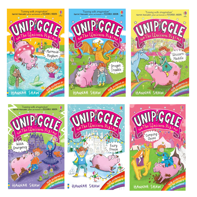 Unipiggle the Unicorn Pig Series 6 Books Collection Set by Hannah Shaw (Unicorn Muddle, Dragon Trouble, Mermaid Mayhem, Witch Emergency, Camping Chaos & Fairy Freeze) - The Book Bundle