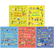 Set of five Usborne All About Feelings books by Felicity Brooks, featuring colorful illustrations of friends and family emotions.