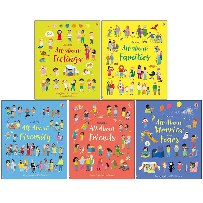 Set of five Usborne All About Feelings books by Felicity Brooks, featuring colorful illustrations of friends and family emotions.