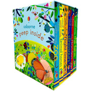 Six Usborne Peep Inside non-fiction board books set featuring zoo animals, animal homes, and night-time scenes.