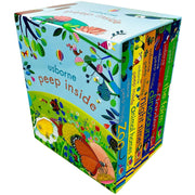 Six-board book set from Usborne's Peep Inside collection featuring zoo animals, animal homes, and nighttime scenes.