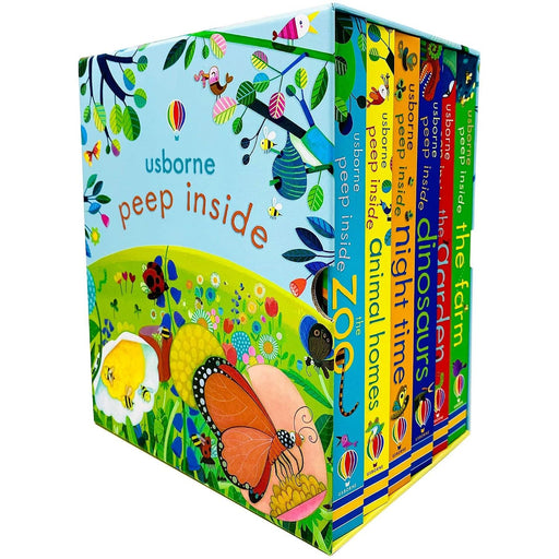Six Usborne Peep Inside non-fiction board books set featuring zoo animals, animal homes, and night-time scenes.