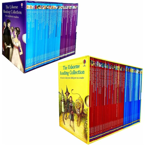 Set of 80 Usborne Young Reading books in a box set for confident readers, featuring engaging fiction stories for children.