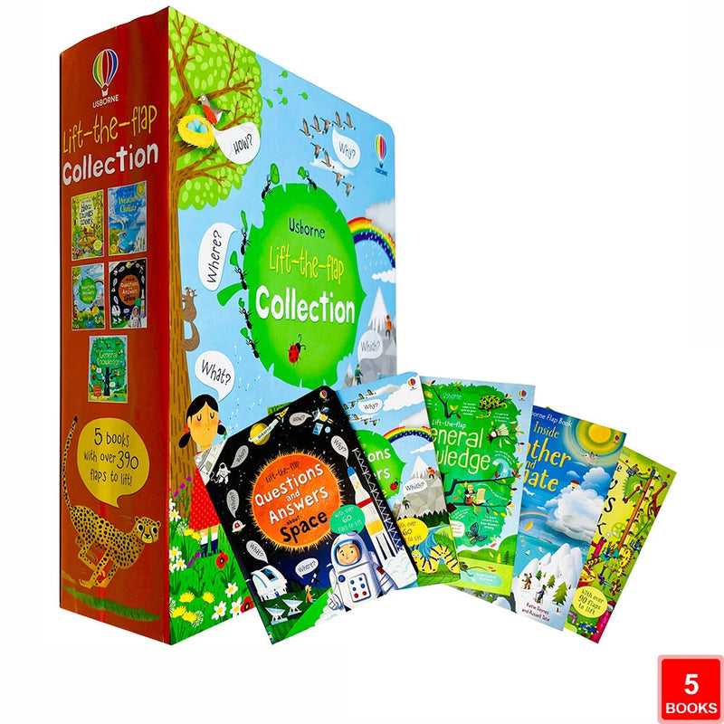 Usborne Lift-the-Flap Collection of 5 nonfiction hardcover books by Katie Daynes with colorful flaps and engaging educational content.