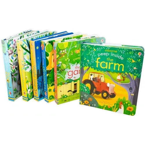 Usborne Peep Inside 6 Books collection set featuring zoo animals, animal homes, and night-time scenes in colorful board books.