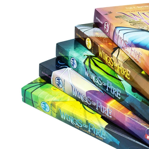 Wings of Fire series collection of 5 books by Tui T. Sutherland, featuring colorful dragon book covers from books 11 to 15.
