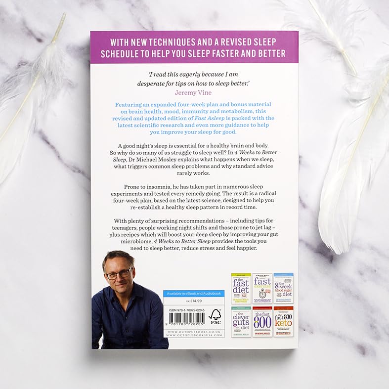 Paperback book titled "4 Weeks to Better Sleep" by Dr. Michael Mosley, featuring cover with sleep-related imagery.
