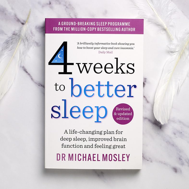 Paperback book titled "4 Weeks to Better Sleep" by Dr. Michael Mosley, showing the cover with sleep-themed design.