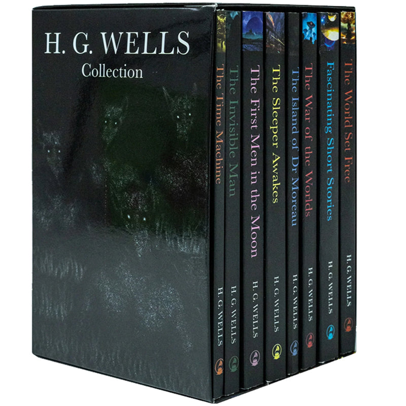 Set of eight classic H. G. Wells books including War of the Worlds and Time Machine in vintage covers, part of the Classic Editions collection.