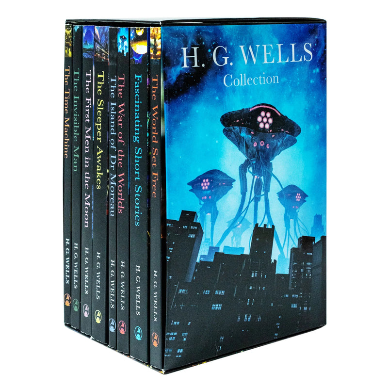 Set of H. G. Wells classic editions including War of the Worlds and Time Machine, featuring vintage-style book covers.