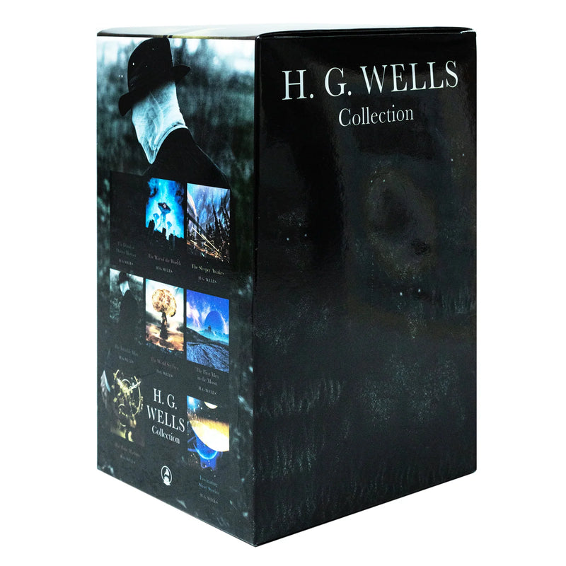 Set of H. G. Wells classic editions including War of the Worlds and Time Machine, featuring hardcover books with vintage covers.