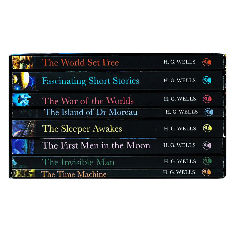 Stack of H. G. Wells Classic Editions box set featuring 8 books including War of the Worlds and Time Machine.